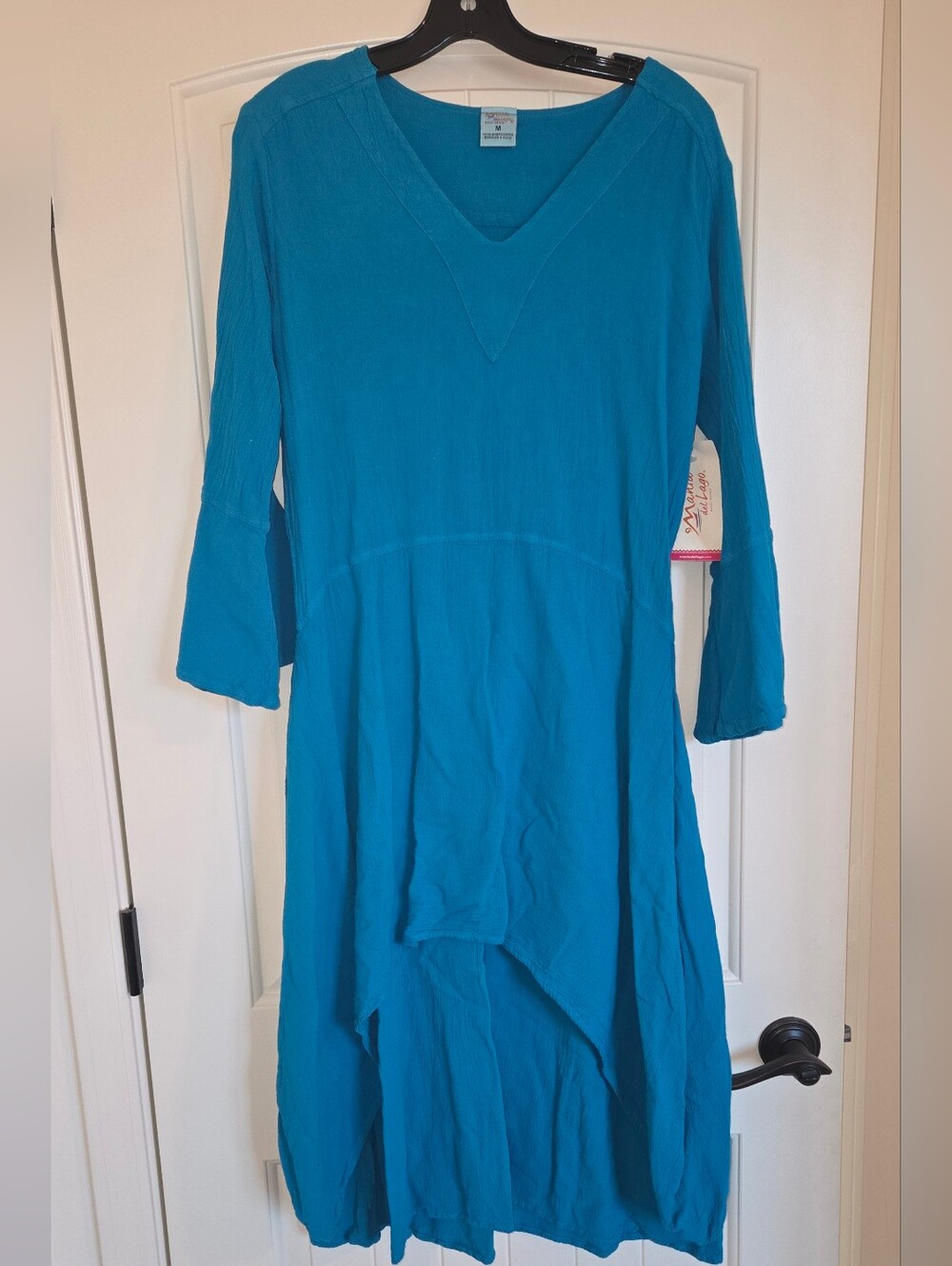 NEW WITH TAGS Manta Del Lago Turquoise Blue 100% Cotton Gauze DRESS, Medium